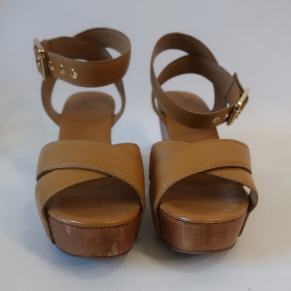 Authentic Womens Tory Burch Tan Almita Mid Wedge Wood Heel Leather Sandals 9 - Picture 5 of 13
